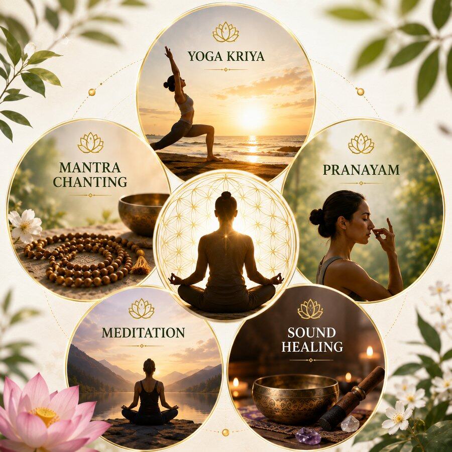 The five wings of Swarkosh's integrated practice — yoga kriya, sound healing, pranayam, meditation and mantra chanting