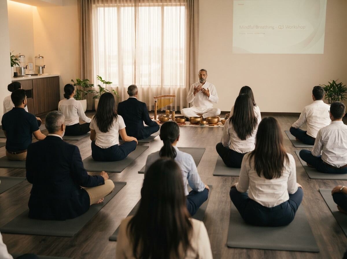 Corporate wellness workshop with employees practising guided relaxation