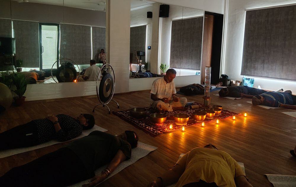 Group sound bath meditation session
